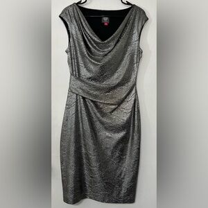 Vince Camuto Silver Gunmetal Metallic Cowl Neck Dress Size 10